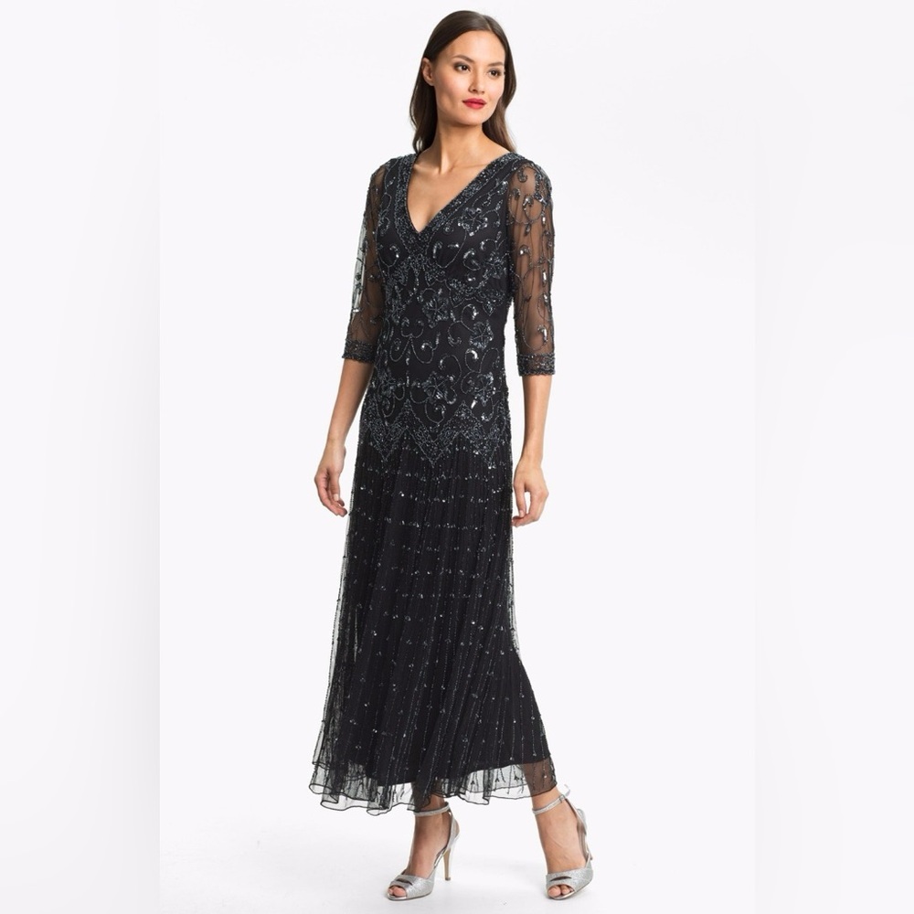Vintage Pisarro Nights Charcoal Sequin Formal Dress with 3/4 Sleeves Size 4